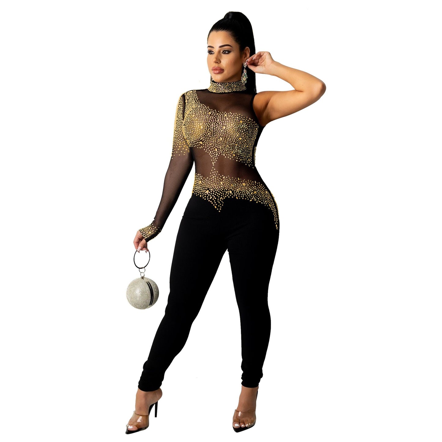 Cutubly Diamond Sheer Mesh Jumpsuit 2021 Elastic One Shoulder Party Rompers And Jumpsuits For Women Long Sleeve One Piece Romper