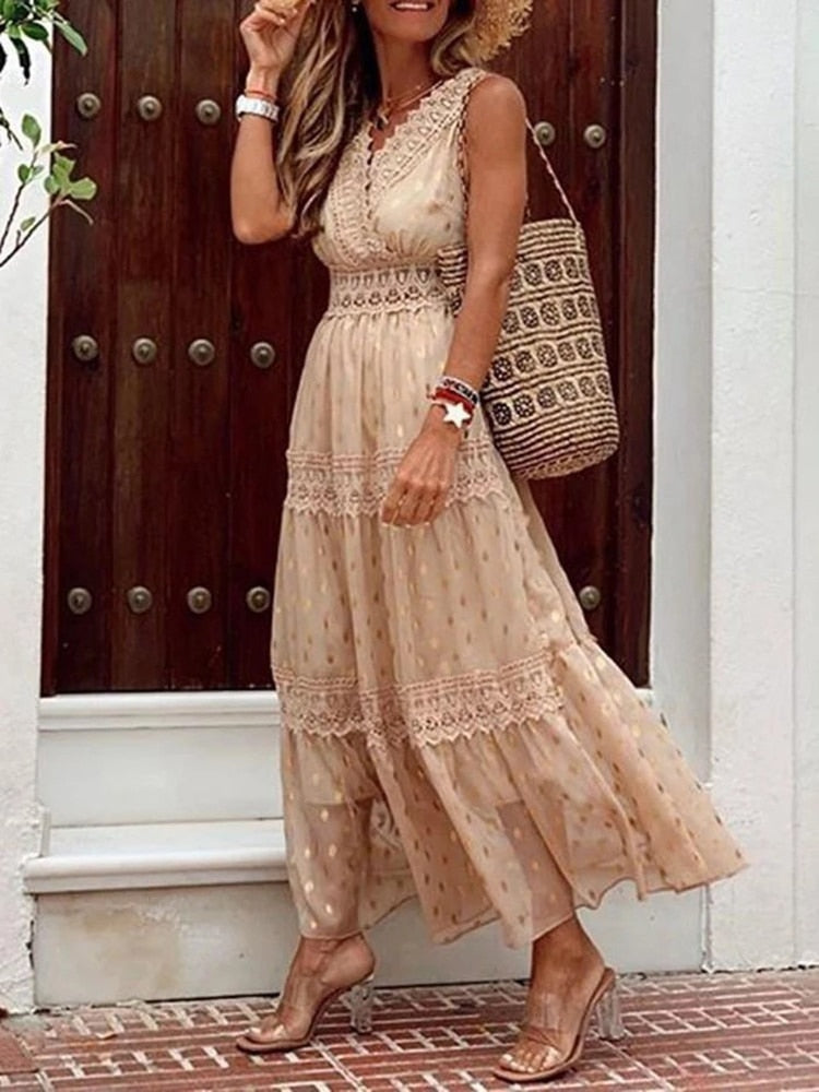 Summer Maxi Boho Dress Women Lace Patchwork Beach Long Dress Sleeveless Fashion V Neck Sundress Female White Elegant Retro Dress