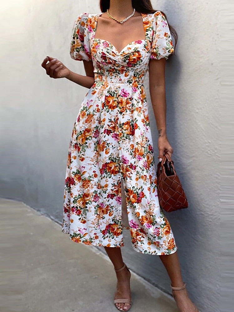 Puff Sleeve Floral Print Dress