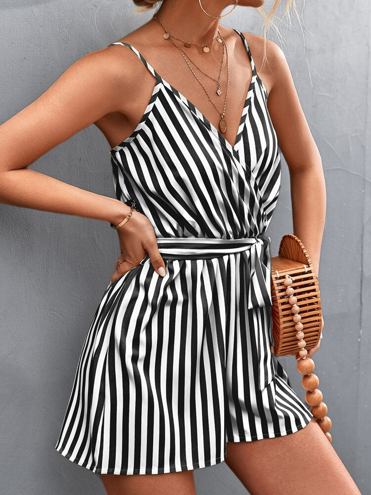 Summer Woman Jumpsuit Stripe Women Playsuit Loose Short Jumpsuits For Women Sleeveless V-Neck Beach Romper Casual Lace Up Outfit