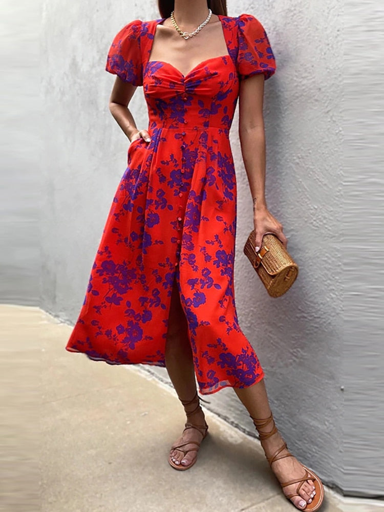 Puff Sleeve Floral Print Dress