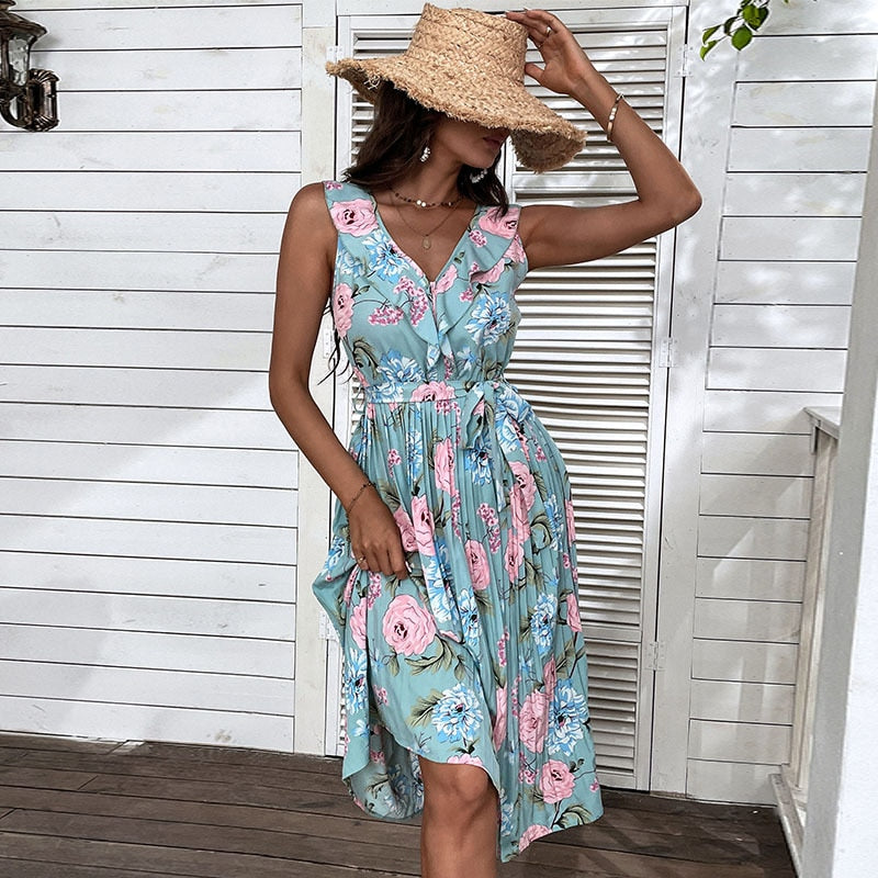 WAYOFLOVE Summer Woman Flower Print Beach Dress Party Elegant Casual Holiday Vestidos Sashes Sleeveless Blue Pleated Mid Dresses