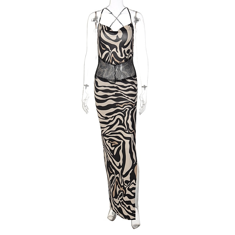 Zebra Backless Maxi Dress Sexy See Through Lace