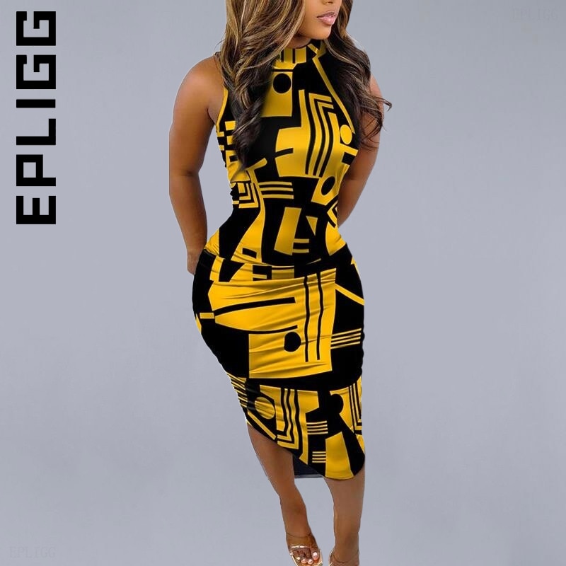 Print Sleeveless Ruched Bodycon Dress