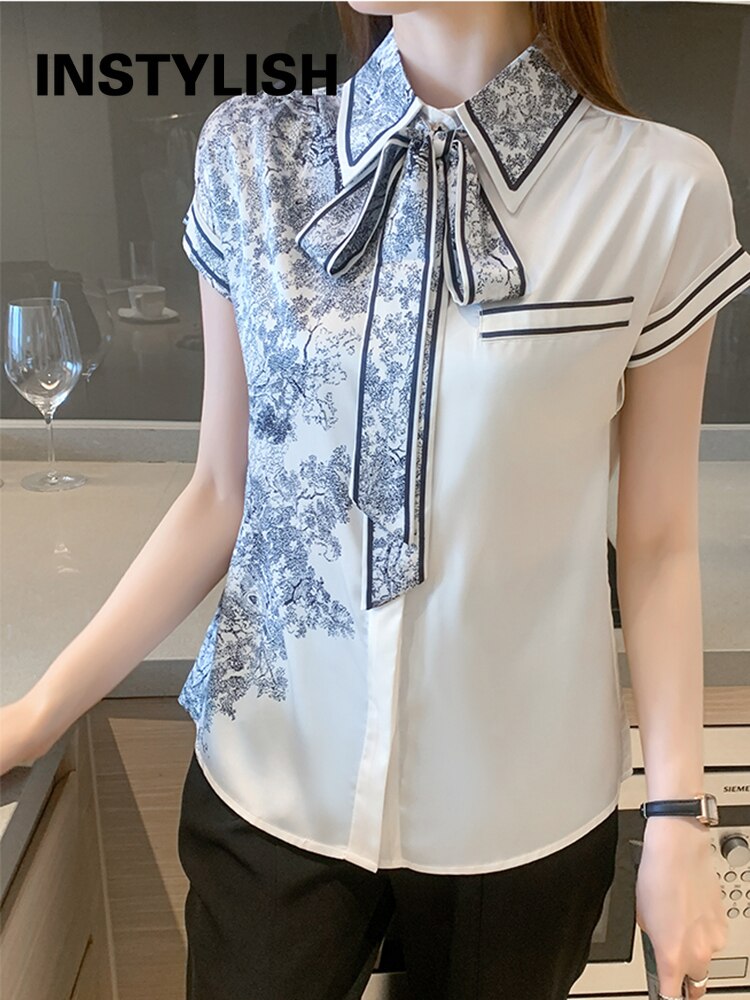 Elegant Satin Luxury Women&#39;s Blouses Summer Casual Fashion Short Sleeve Print Stitching Bow Collar Shirt Loose Tops Chic Tunics