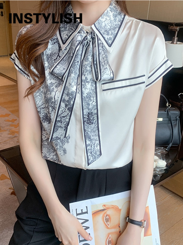 Elegant Satin Luxury Women&#39;s Blouses Summer Casual Fashion Short Sleeve Print Stitching Bow Collar Shirt Loose Tops Chic Tunics