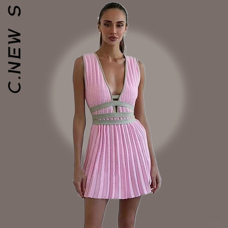 C.New S Dress Women Fashion V-neck Fashion Stitching Sleeveless Slim Dresses Club Outfits Woman Clothes Female