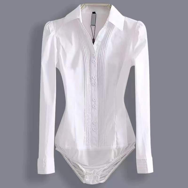 2022 New Elegant Bodysuits For Women Office White Blouses Long Sleeved Shirt Spring Fashion Casual Solid Tops Female Clothing