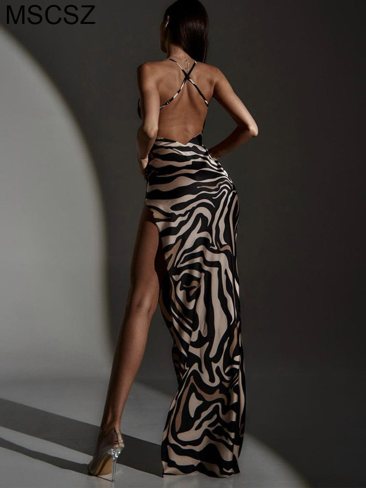 Zebra Backless Maxi Dress Sexy See Through Lace