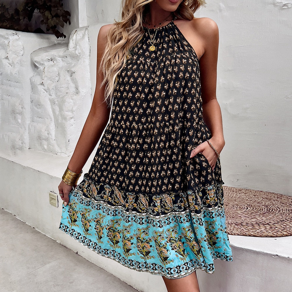 Summer Boho Dress Women Vintage Floral Print Bohemian Dress Ladies Elegant High Waist Sleeveless Loose Dresses Vestidos 2022