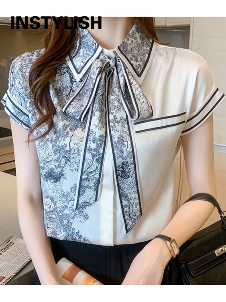 Elegant Satin Luxury Women&#39;s Blouses Summer Casual Fashion Short Sleeve Print Stitching Bow Collar Shirt Loose Tops Chic Tunics