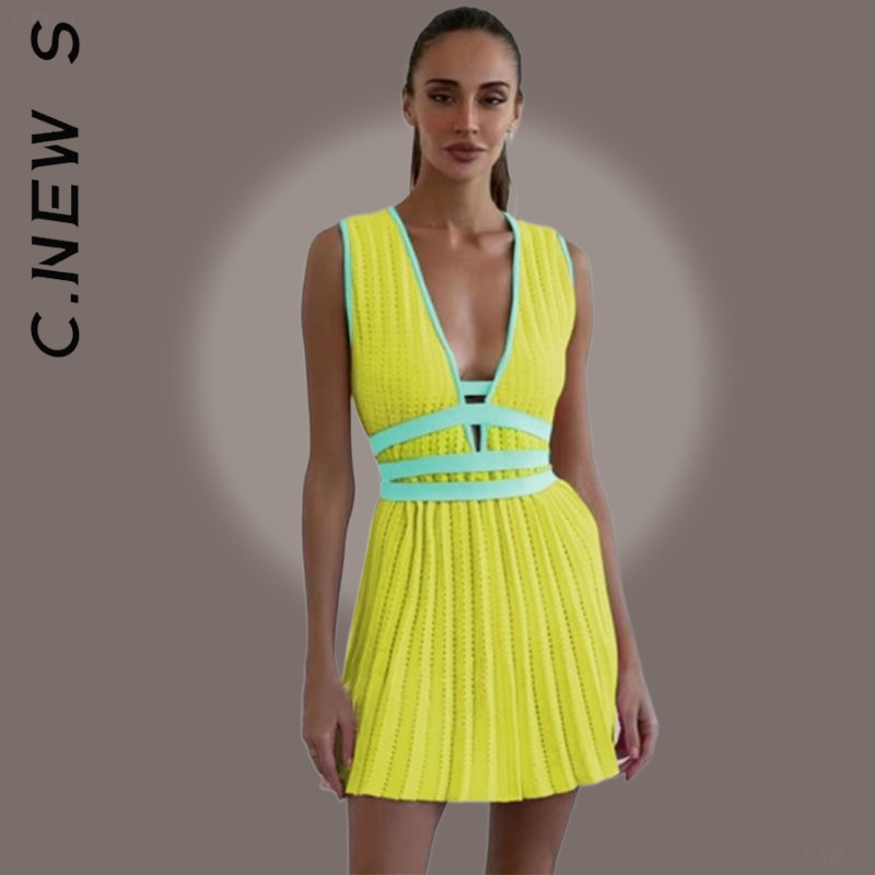 C.New S Dress Women Fashion V-neck Fashion Stitching Sleeveless Slim Dresses Club Outfits Woman Clothes Female