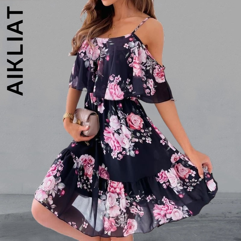 Aikliat Women Dress Fashion Sexy Off Shoulder Spaghetti Strap Floral Print Elegant Dress Simple Robe Elegant Vestidos Female