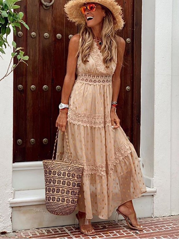 Summer Maxi Boho Dress Women Lace Patchwork Beach Long Dress Sleeveless Fashion V Neck Sundress Female White Elegant Retro Dress