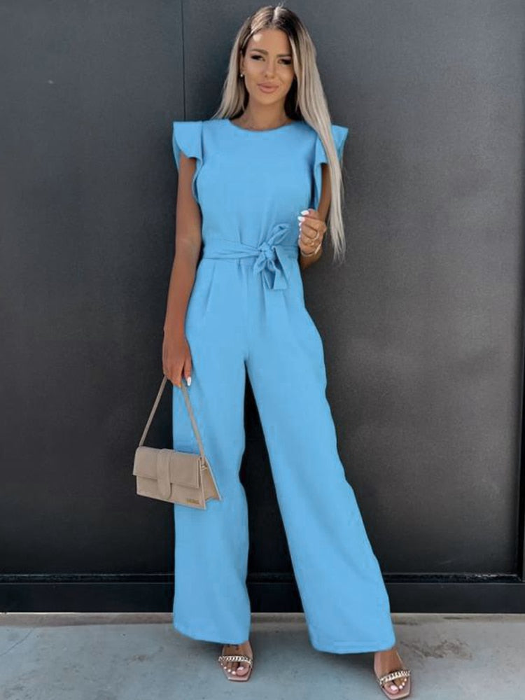 Fashion Solid Butterfly Sleeve Elegant Women Jumpsuit Summer O-neck With Belts Straight Playsuit Casual Office Lady Jumpsuits