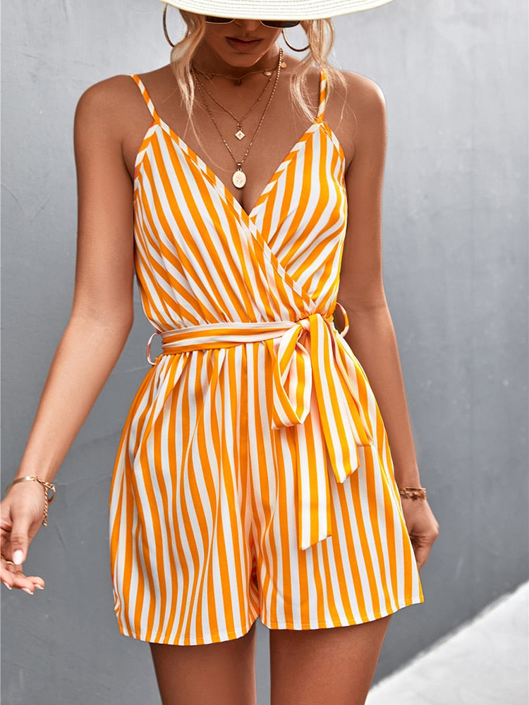 Summer Woman Jumpsuit Stripe Women Playsuit Loose Short Jumpsuits For Women Sleeveless V-Neck Beach Romper Casual Lace Up Outfit