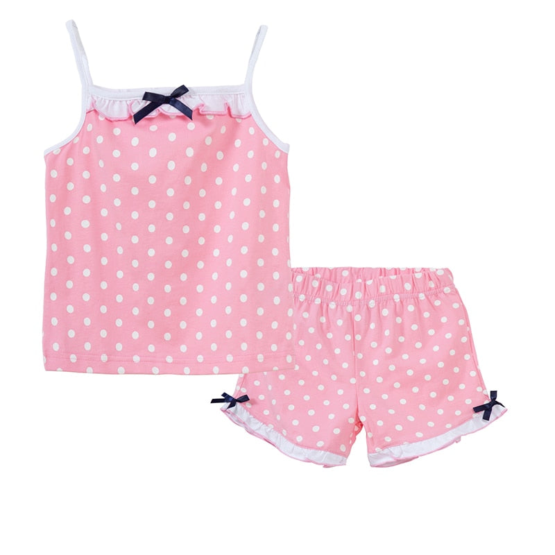 Mudkingdom Summer Girls Pajamas Set Cotton Lace Cute Polka Dots Ruffle Girl Outfit Pajamas Camisole Kids Clothing Shorts Set