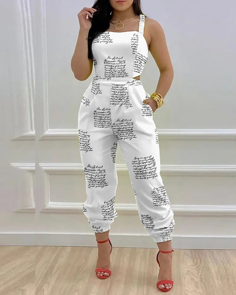 Summer Sleeveless Long Jumpsuit Women Fashion Casual Printing Square Neck Sleeveless Hollowed-out Backless Jumpsuit Women