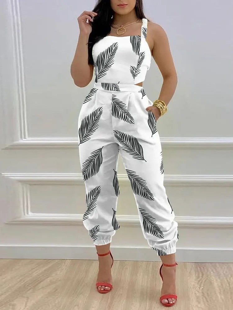 Lady Fashion One-Shoulder Romper Overalls Women Elegant Wide Leg Playsuits Retro Gold Butterfly Print Office Jumpsuit Streetwear