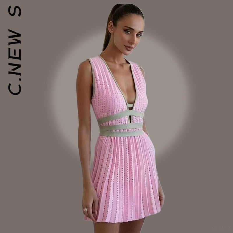 C.New S Dress Women Fashion V-neck Fashion Stitching Sleeveless Slim Dresses Club Outfits Woman Clothes Female