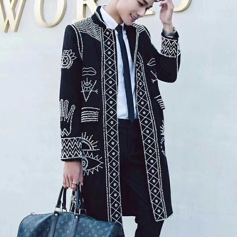 Top Quality Heavy Beaded Embroidered Jacket Men&#39;s Slim Fit Long Jacket Men Coat Nightclub Master Clothes Performance Club Stage