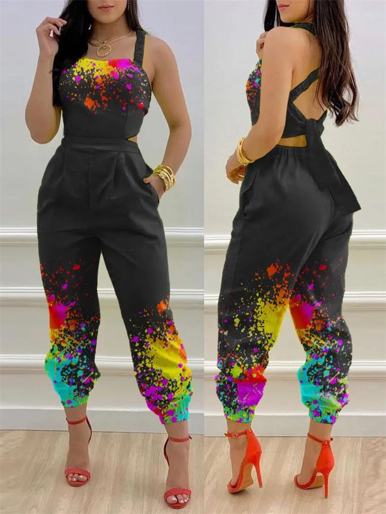 Lady Fashion One-Shoulder Romper Overalls Women Elegant Wide Leg Playsuits Retro Gold Butterfly Print Office Jumpsuit Streetwear