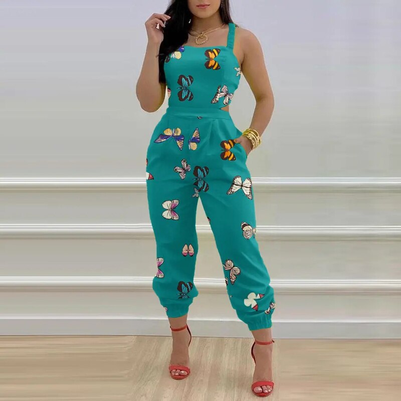 Retro Pattern Print Office Women Jumpsuits Summer Sexy Criss-cross Bow Party Romper Summer Sleeveless Pockets Suspender Overalls