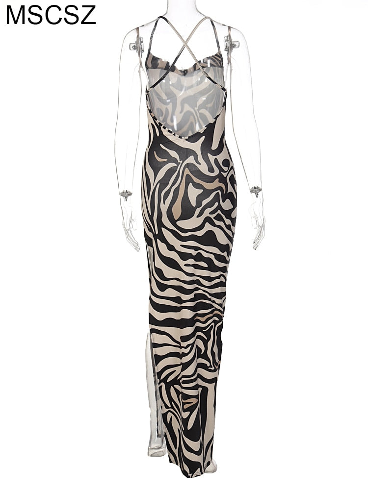 Zebra Backless Maxi Dress Sexy See Through Lace