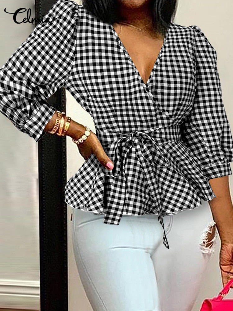 Celmia 2022 Autumn 3/4 Sleeve Casual Blouses Women Vintage Plaid Peplum Tops Sexy V Neck Bandage Wrap Shirts Checked Party Tunic