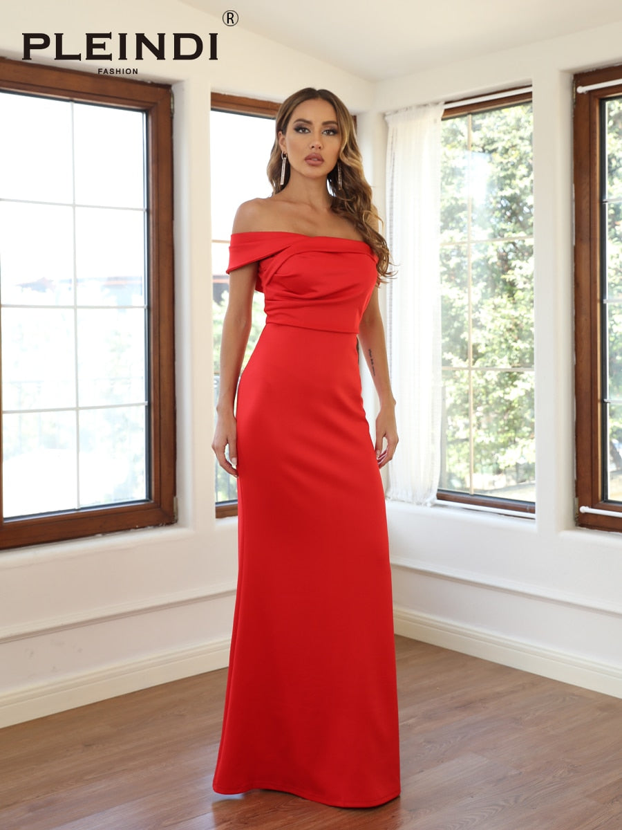 PLEINDI Luxury Evening Dresses Long Sleeve O-Neck 2022 New Elegant Corduroy Burgundy Red Prom Evening Dresses Party Dress Women