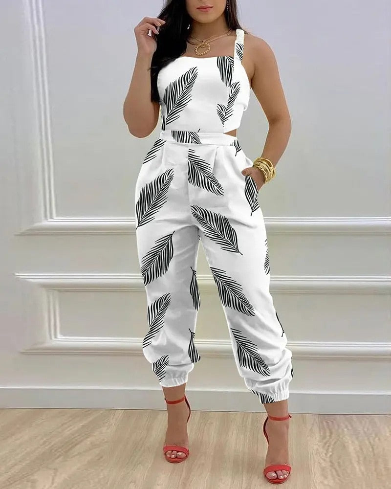 Summer Sleeveless Long Jumpsuit Women Fashion Casual Printing Square Neck Sleeveless Hollowed-out Backless Jumpsuit Women