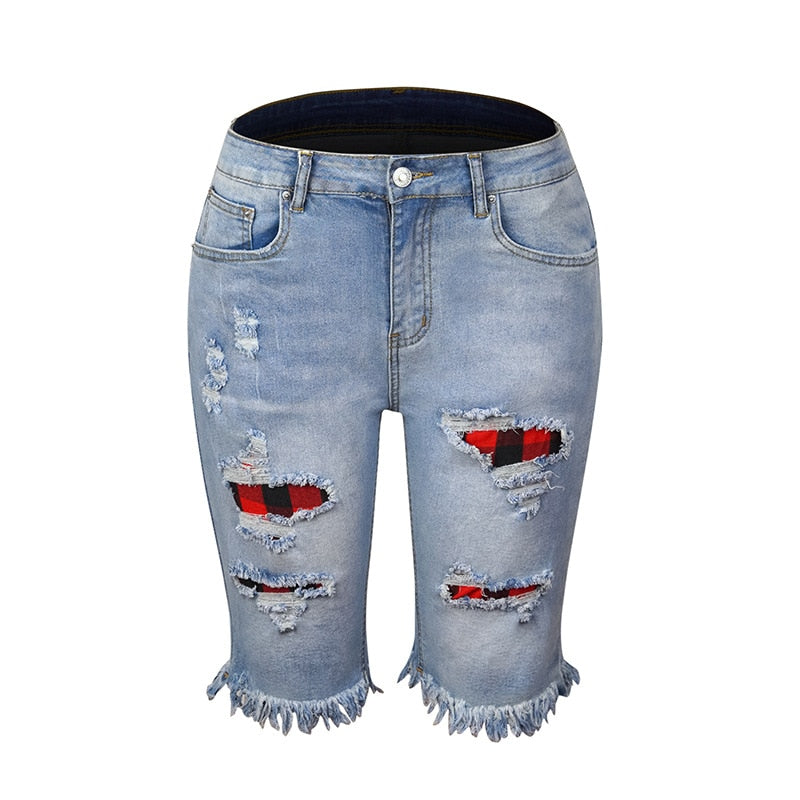 Ripped Jeans Summer Street Tassel High Elastic Skinny Pants Mid Waist Five Points Pants Women Slim Hole Ladies Casual Shorts