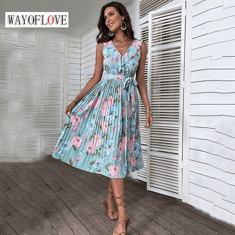 WAYOFLOVE Summer Woman Flower Print Beach Dress Party Elegant Casual Holiday Vestidos Sashes Sleeveless Blue Pleated Mid Dresses