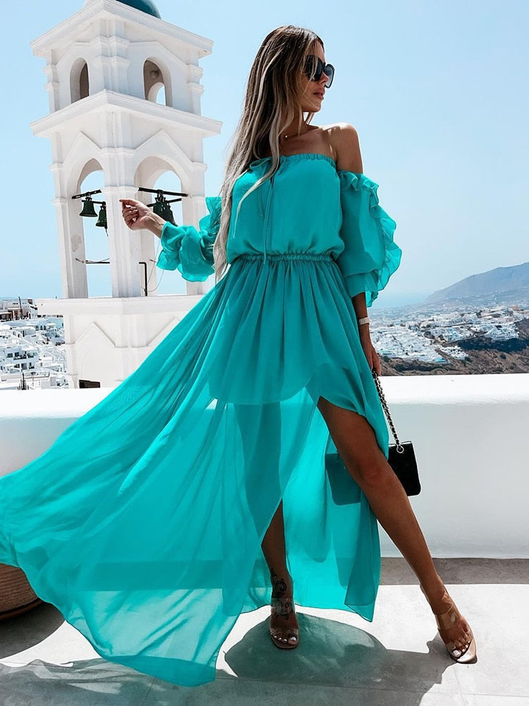 Women Sexy Off Shoulder High Slit Chiffon Dress Summer Bohemian Lace-up Chest Wrap Ruffles Sleeve Maxi Beach Dresses Woman 2022