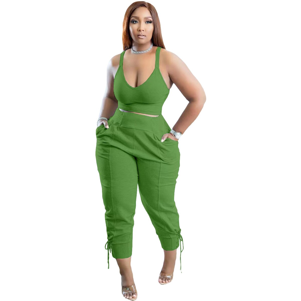 Summer Elegant Sporty Tracksuit Women Outfits Sleeveless Tank Sweatsuit+Drawstring Jogger Pants Fitness 2 Two Piece Matching Set