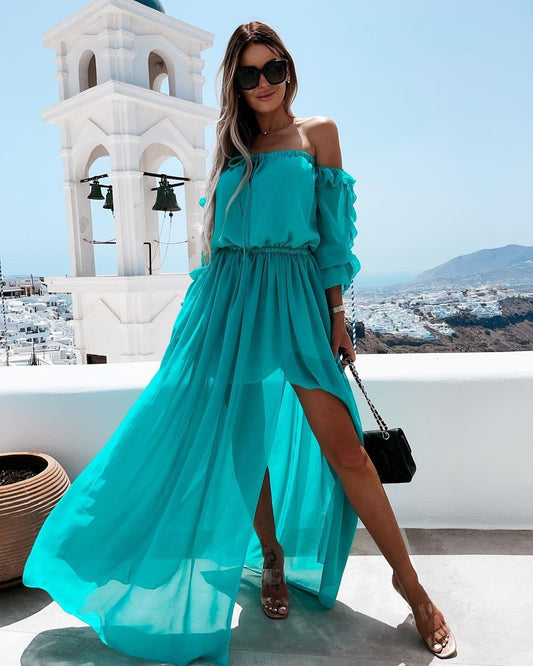 Women Sexy Off Shoulder High Slit Chiffon Dress Summer Bohemian Lace-up Chest Wrap Ruffles Sleeve Maxi Beach Dresses Woman 2022