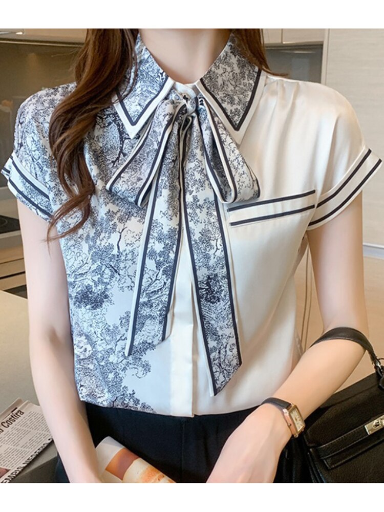 Elegant Satin Luxury Women&#39;s Blouses Summer Casual Fashion Short Sleeve Print Stitching Bow Collar Shirt Loose Tops Chic Tunics