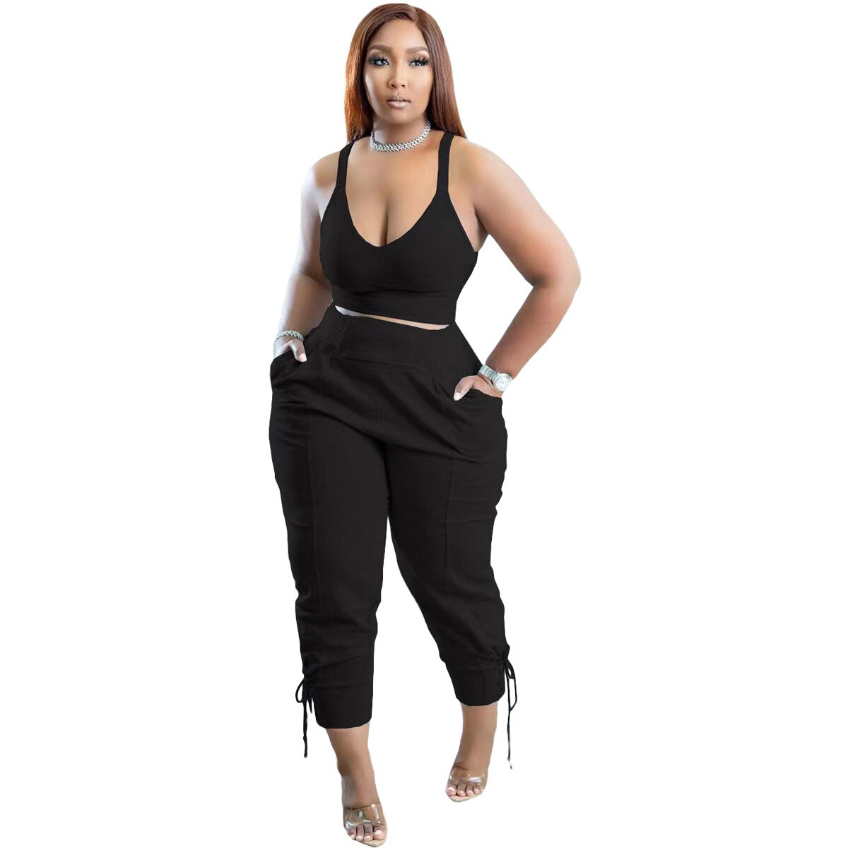 Summer Elegant Sporty Tracksuit Women Outfits Sleeveless Tank Sweatsuit+Drawstring Jogger Pants Fitness 2 Two Piece Matching Set