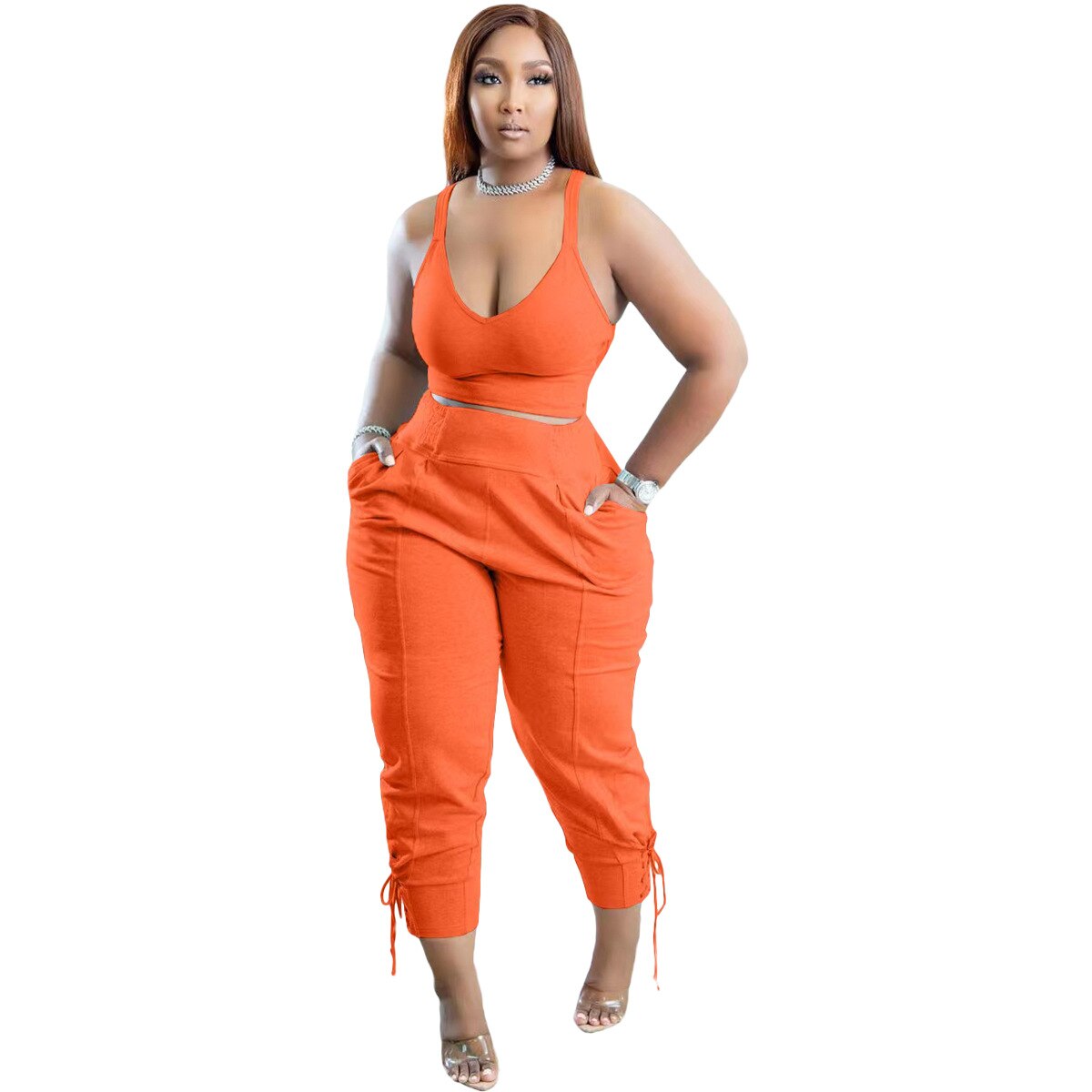 Summer Elegant Sporty Tracksuit Women Outfits Sleeveless Tank Sweatsuit+Drawstring Jogger Pants Fitness 2 Two Piece Matching Set