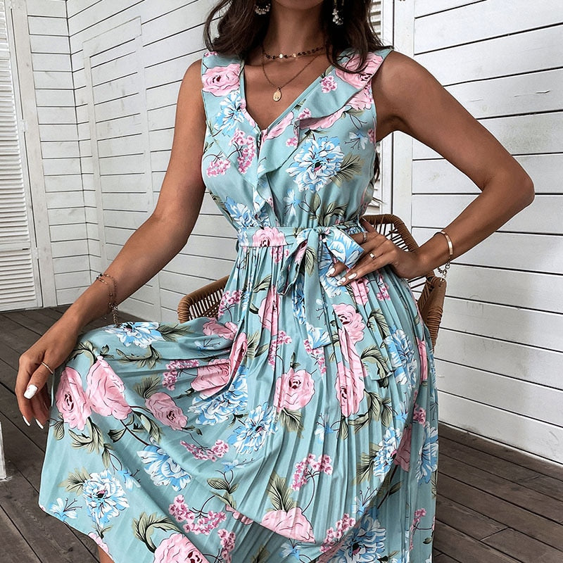 WAYOFLOVE Summer Woman Flower Print Beach Dress Party Elegant Casual Holiday Vestidos Sashes Sleeveless Blue Pleated Mid Dresses