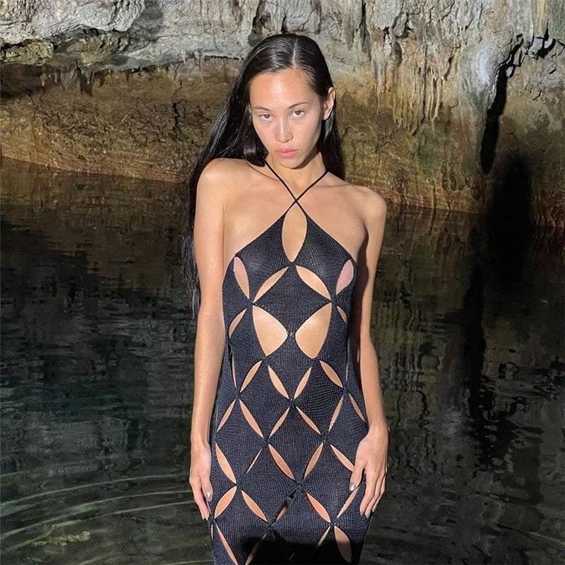 Spaghetti Strap Cut Out Long Dress Women Summer Sexy See Through Beach Party Dress Backless Bodycon Maxi Dress