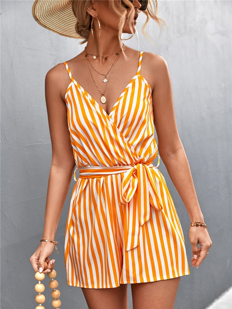 Summer Woman Jumpsuit Stripe Women Playsuit Loose Short Jumpsuits For Women Sleeveless V-Neck Beach Romper Casual Lace Up Outfit