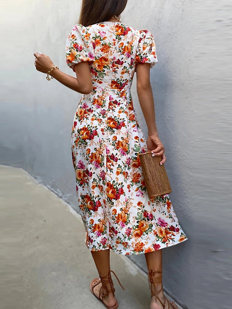 Puff Sleeve Floral Print Dress