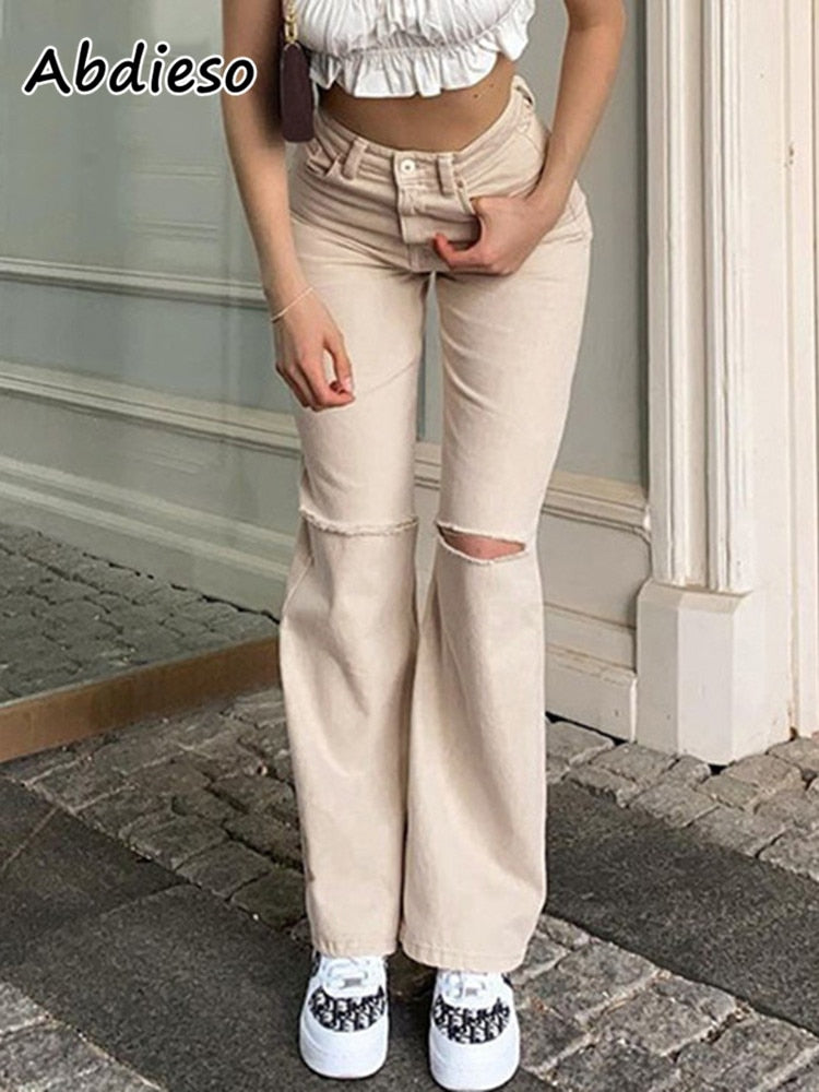 Skinny Hole Harajuku Denim Trousers Casual Flare Pants Femme