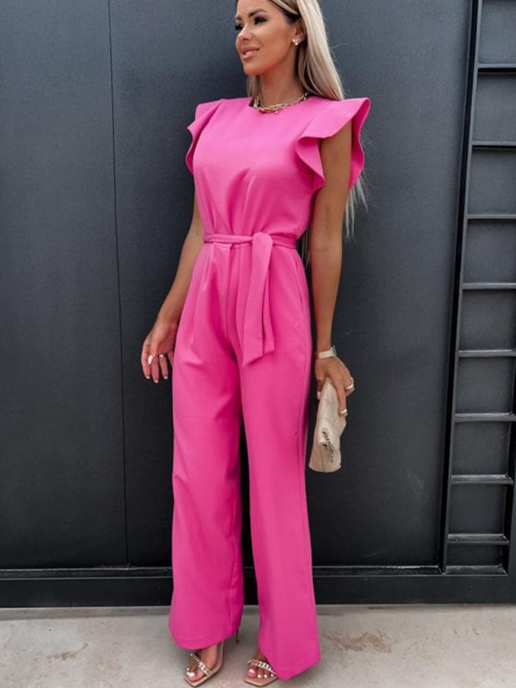 Fashion Solid Butterfly Sleeve Elegant Women Jumpsuit Summer O-neck With Belts Straight Playsuit Casual Office Lady Jumpsuits