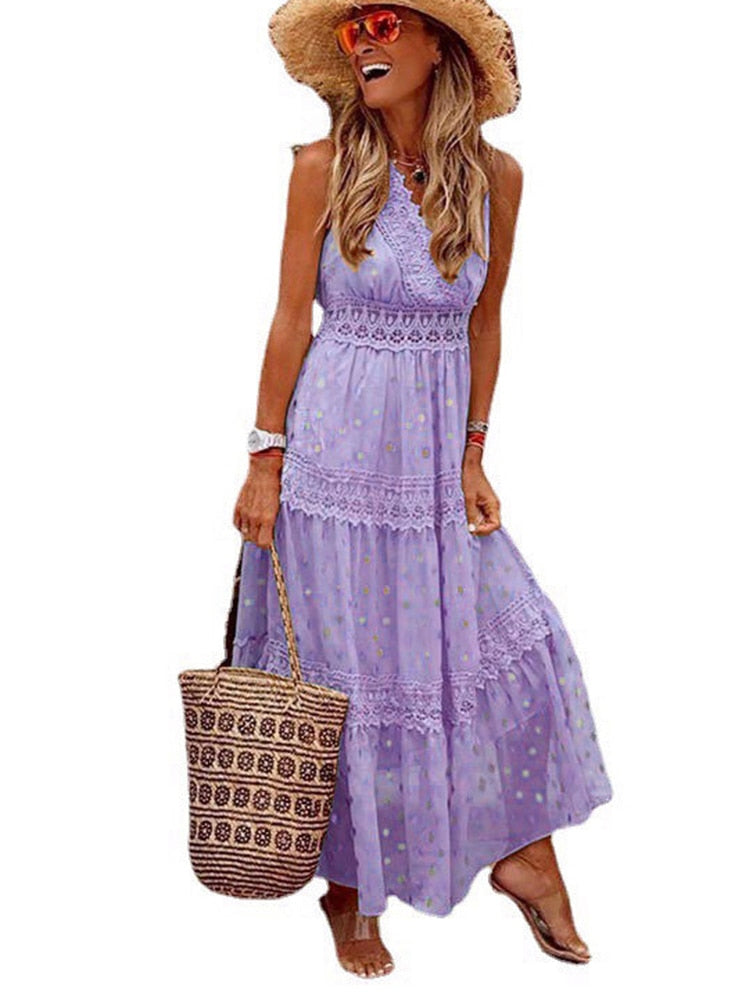 Summer Maxi Boho Dress Women Lace Patchwork Beach Long Dress Sleeveless Fashion V Neck Sundress Female White Elegant Retro Dress