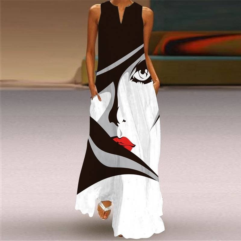 Lady face  Vintage Printed Dresses Summer Boho Sleeveless V-Neck Long Dress