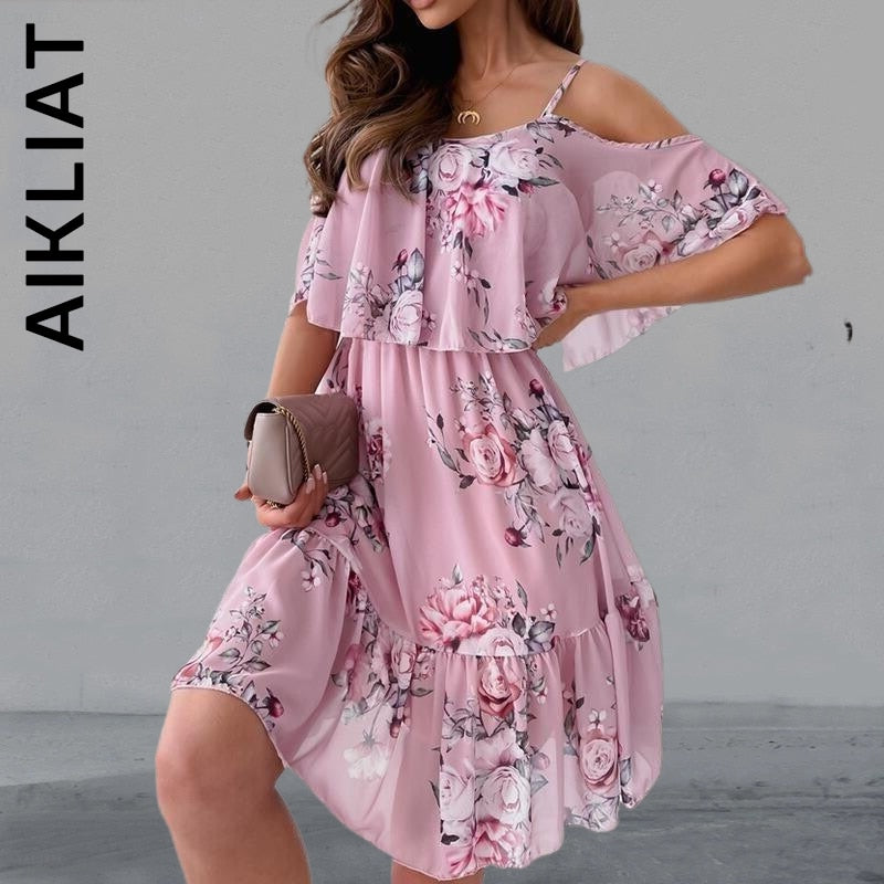 Aikliat Women Dress Fashion Sexy Off Shoulder Spaghetti Strap Floral Print Elegant Dress Simple Robe Elegant Vestidos Female