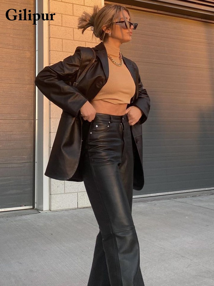 Black Faux Leather Pants Women 2021 New Straight Leg Pants Fashion Harajuku Black Baggy Trouser Casual Elegant High Waist Pants