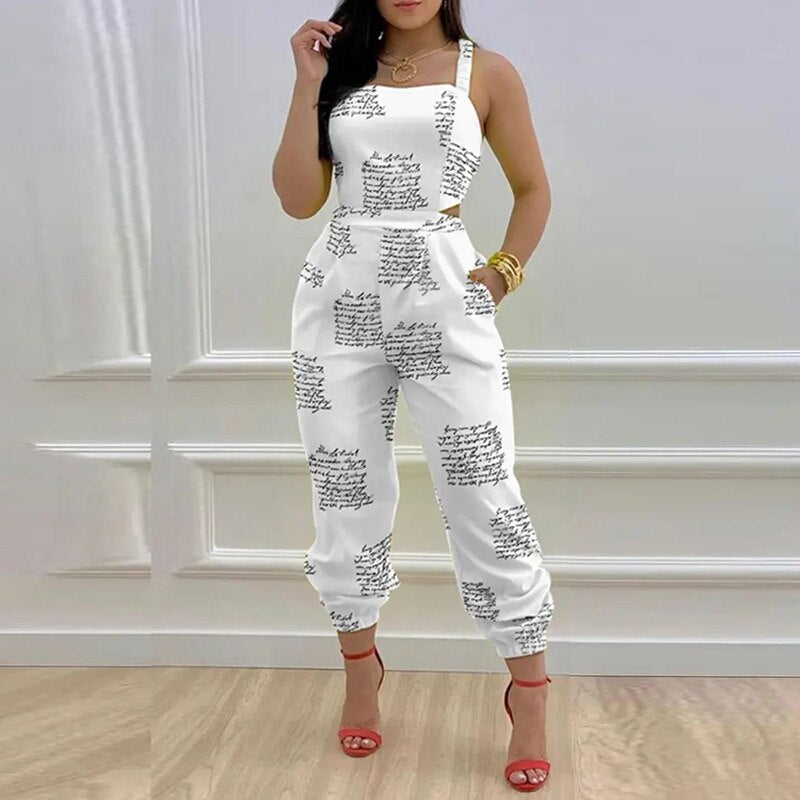 Retro Pattern Print Office Women Jumpsuits Summer Sexy Criss-cross Bow Party Romper Summer Sleeveless Pockets Suspender Overalls